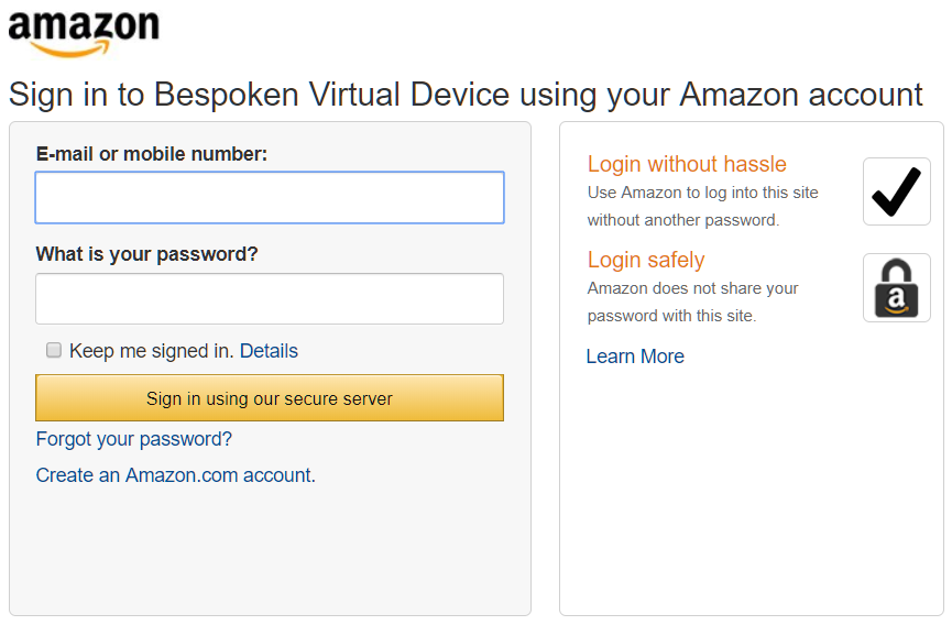 Window to log in with Amazon
